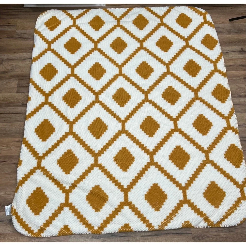 Artemis Velveteen Berber Throw Blanket Mustard Ivory Geometric 50x60 Cozy‎